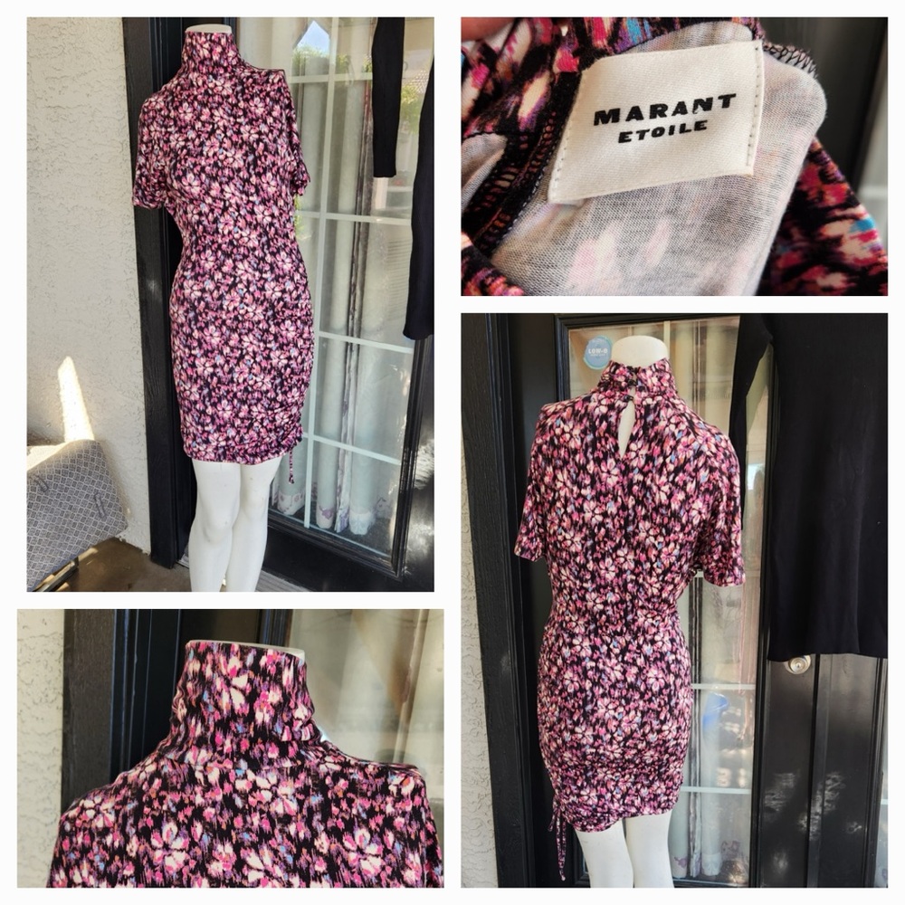 Isabel Marant Pink Floral Ruched Mock-Neck Mini Dress